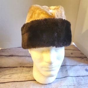 VINTAGE FAUX FUR UNITED HATTERS CAPS MILLINERY EARFLAPS BROWN/CREAM SIZE MEDIUM